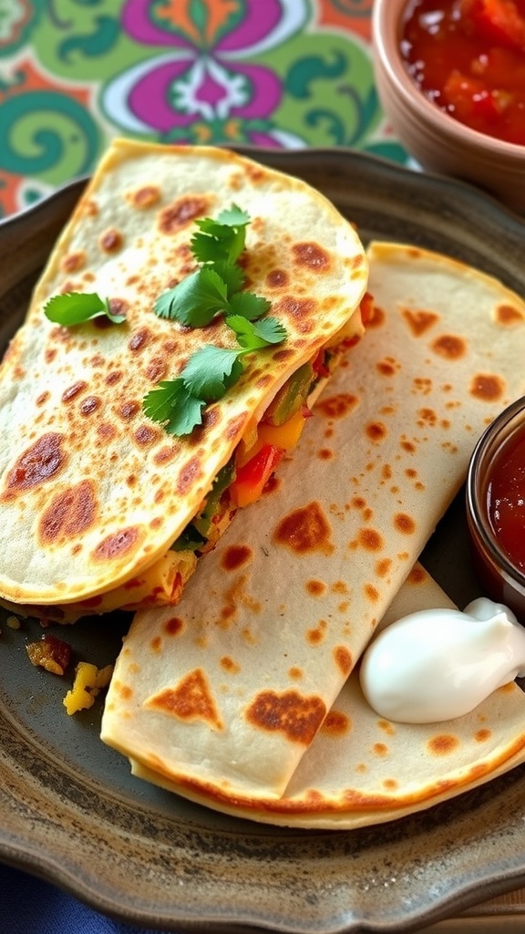 Vegetarian quesadilla filled with vegetables and cheese, served with salsa and sour cream.